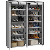 JIUYOTREE front view of 7-tier shoe rack showing neat storage and space saving