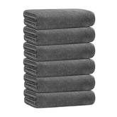 JML microfiber towel set front view showing six grey towels and fast-drying benefit