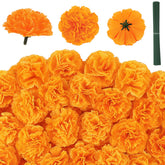 JMUQ front packaging view showing 120 orange silk marigolds, easy event prep