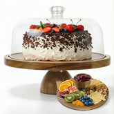JOCHER cake stand front view showing wood base and clear dome, perfect presentation