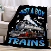 Jojizaio front view of train blanket showing cheerful pattern and easy-care benefit