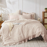 JOLLYVOGUE front view showing beige comforter and elegant ruffle, adds cozy style