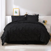 JOLLYVOGUE front view comforter on queen bed showing elegant pinch pleat