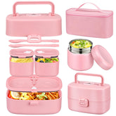 JOOPETALK front view of pink lunch set showing organized compartments and bag, convenient for school