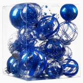 Jorysics front packaging showing 24 blue clear shatterproof ornaments and benefit of durable decor