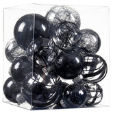 Jorysics front view of 24 clear black baubles showing full set and packaging, durable elegance