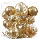 Jorysics front view of 24 clear gold ornaments showing full set and packaging, durable design