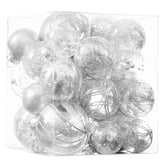 Jorysics front view of 24ct clear silver ball ornament set showing assortment and packaging, convenient for gift giving