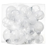 Jorysics front packaging of 24 clear white shatterproof baubles, shows value