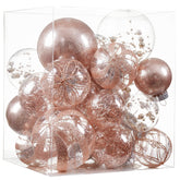 Jorysics front packaging showing 24-piece rose gold ornament set, ready-to-hang benefit