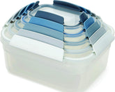 Joseph Joseph front view of 10-piece set showing packaging and sky color, easy storage