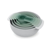 Joseph Joseph front view of Nest 9 Plus set showing full sage colour and compact benefits