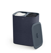 Joseph Joseph front view of dark blue hamper showing compact tidy storage benefit