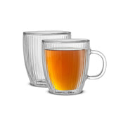 JoyJolt fluted mug front view showing clear glass and elegant shape benefiting presentation