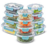 JoyJolt front packaging of 24pc borosilicate glass storage set showing contents and benefits