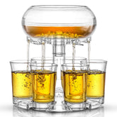 JoyJolt front view of dispenser set showing six glass shots and elegant design benefit: neat serving