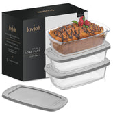 JoyJolt front view of three glass loaf pans with lids showing utility