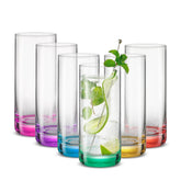 JoyJolt Hue front view of six colored highball glasses shows vibrant appeal and easy serving