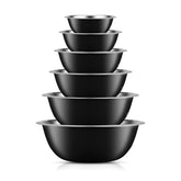 JoyJolt stacked mixing bowls front view showing space-saving nesting and stylish black finish