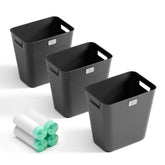 JOYMOOP front view of three slim trash cans showing compact footprint and neat design
