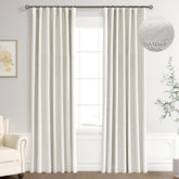 Joywell front view of cream curtains showing full coverage benefit