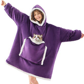 JOYWOO front view of dark purple wearable blanket hoodie showing cozy fit