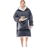 JOYWOO front view of grey oversized wearable blanket hoodie showing roomy fit and pocket benefit
