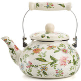 Jucoan kettle front view showcasing green floral enamel and elegant silhouette, decorative appeal
