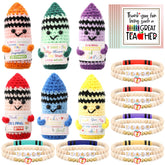 Juinte front packaging showing six colorful crayon crochet dolls and bracelets, cheerful gift