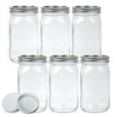 Jumterlee front view of six 32 oz mason jars showing included lids and bands for storage