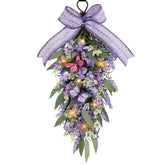 Jusdreen teardrop wreath front view showing full faux lavender and eucalyptus arrangement for curb appeal