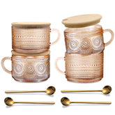 JVJRFQ front view of four amber glass mugs showing set and handle benefit
