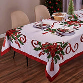 Kadut front view of ribbon tablecloth showing festive pattern and coverage benefit