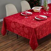 Kadut front view of poinsettia red tablecloth showing full pattern and fit