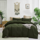 KAREVER front view of queen comforter showing full olive color and neat edges, adds calm