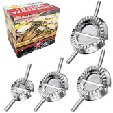 KAYCROWN front view of four-size empanada press set showing polished finish and handles for durability