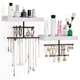 Keebofly front view of two-piece wall jewelry organizer showing white frame and rustic wood ledge, promotes neat display