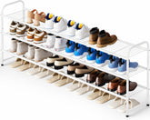 KEETDY front view of 3-tier shoe rack showing organized shoes and easy access