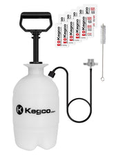 Kegco pressurized cleaning bottle showing pump and cap for quick line cleaning