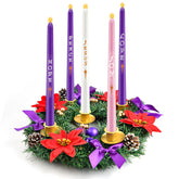 Kenburg wreath front view showing five candle cups and festive decorations for elegant display