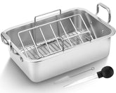 Kendane roasting pan front view showing roomy stainless steel interior and rack benefit even roasting