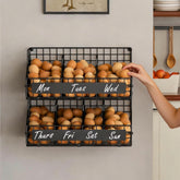 keomaisyto front view of metal egg holder showing neat countertop organization and capacity