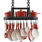 KES ceiling pot rack front view showing organized storage and space savings