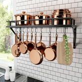 KES front view of wall-mounted pan rack showing organized cookware benefit