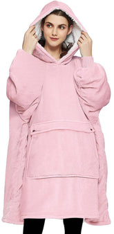 KFUBUO front view pink hoodie blanket showing full fit and warmth