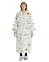 KFUBUO front view showing extra-long hooded blanket and cozy fit
