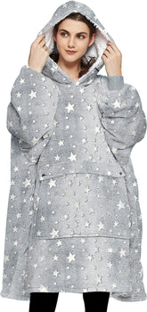 KFUBUO front view wearable blanket hoodie showing full oversized fit and comfort