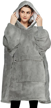 KFUBUO front view of grey wearable blanket hoodie showing full oversized fit and coverage