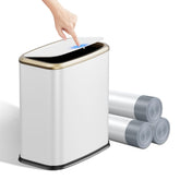 KHMMGK front view of white press top trash can shows space saving