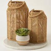 KIBAGA front view of both jute lanterns showing balanced duo and warm styling